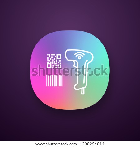 Barcode, QR code scanner app icon. Wifi linear and matrix barcodes handheld reader. QR codes and traditional barcodes reading. Store, shop, supermarket. UI/UX interface. Vector isolated illustration