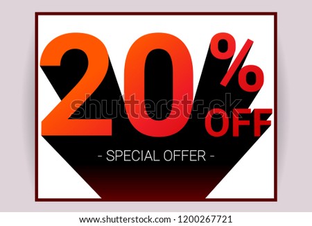 20% OFF Sale. Red color 3D text and black shadow on white background design. Discount special offer promo advertising card concept vector illustration.