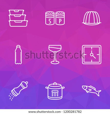 Cooking icons line style set with salt with pepper, food containers, clock and other spice elements. Isolated vector illustration cooking icons.