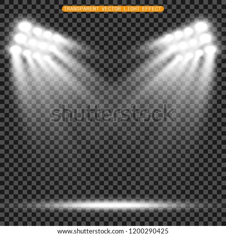 Stadium floodlights brightly illuminate evening or night sports games, concerts, shows, events. Isolated on a transparent background. Arenas of bright spotlights. Bright lights. Illuminated scene. Royalty-Free Stock Photo #1200290425