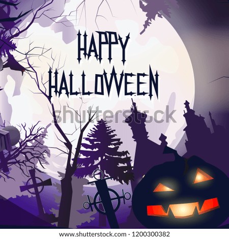 Happy Halloween festive banner. Creative inscription with angry cartoon pumpkin, white huge moon, trees and castle on background. Lettering can be used for postcards.