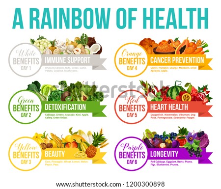 Color diet, 6 days eating program or nutrition plan of healthy life. Rainbow vegetables and fruits food of immune support, cancer prevention or detoxification and heart health or longevity Royalty-Free Stock Photo #1200300898