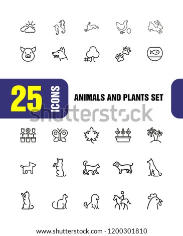 Animals and plant icons. Set of line icons. Dog, cat, tree. Nature concept. Vector illustration can be used for topics like gardening, farm, zoo.
