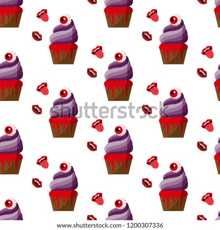 Halloween Spooky Cupcake. Vector illustration on white background. Seamless pattern. Flat design style. Swatch inside