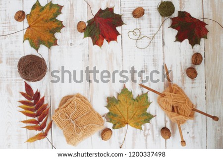 Autumn layout on white antique background, top view. The colored leaves of the trees, knitting, balls of wool. Free space for your signature. The concept of autumn mood.