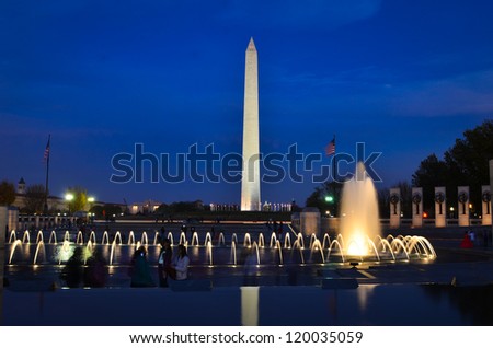 Washington DC, National Mall night scene including World War II Memorial, the Monument and Capitol Building