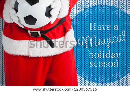 Santa Claus holding football against knitting christmas vector background have a magical holiday season