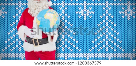 Happy santa claus holding a globe against knitting christmas vector background cone trees and hearts