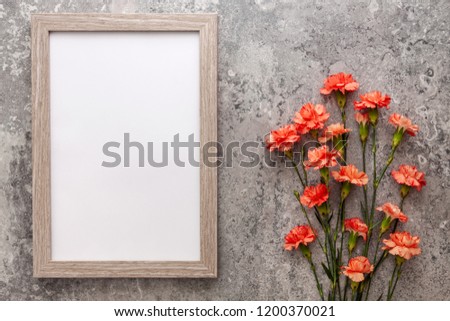 Salmon carnations and wooden empty mockup frame on the background of an old gray concrete wall