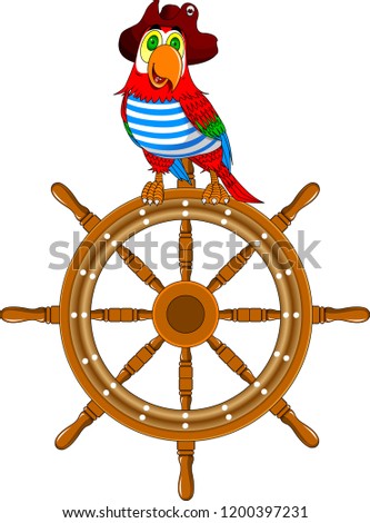 beautiful parrot in a pirate hat sitting on the wheel of the ship, vector
