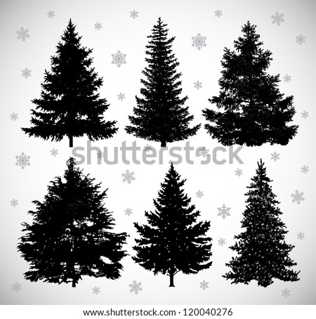 Vector drawing of six black silhouettes spruces against the background of snowflakes.