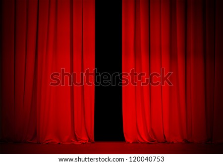 red curtain on theater or cinema stage slightly open Royalty-Free Stock Photo #120040753