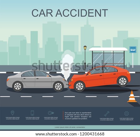 Car Accident on the road. Transporation Infographic.  Banner Flat Vector Illustration Royalty-Free Stock Photo #1200431668