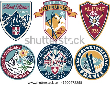 Alpine skiing and mountaineering patches collection vintage vector artworks of alps applique badges