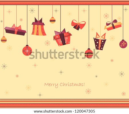 Vector clip art vintage Christmas greeting card with gifts, spheres, presents, boxes with surprises hang on decorated board among different snowflakes. Colors orange, purple, yellow, brown and tints