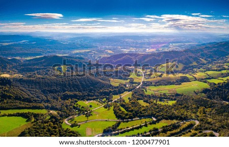 Beautiful green Bieszczady mountains landscape photographed from drone. Aerial photography.