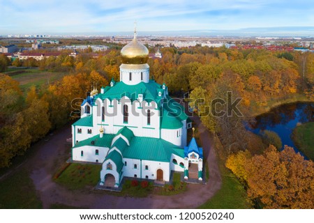  Fedorovsky Cathedral close-up golden autumn. Tsarskoye Selo, St. Petersburg