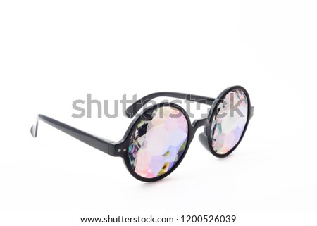 Glasses kaleidoscopes holographic white background isolated, side view. 