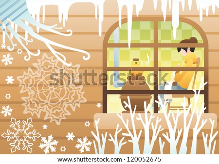 Romantic Winter Landscape - attractive young woman knitting an woolen scarf and boiling water in a kettle in cozy villa on happy holiday on brown stripe pattern background : vector illustration