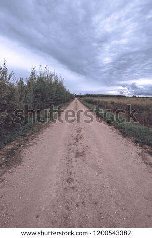 simple country gravel road in summer at countryside forest with trees around and clouds in the sky - vintage retro look