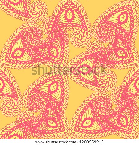 Seamless Hand Drawn Pattern with Doodle Elements. Vintage Zendoodle Rapport for Feminine Cloth, Paper, Dress. Cute Autumn Background in Orient Style. Vector Seamless Texture with Flowers