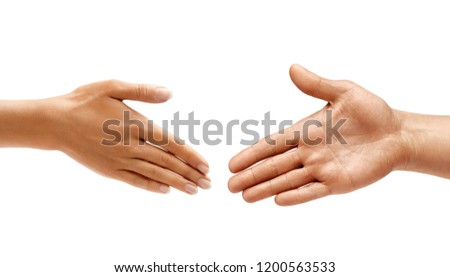 Man's hand and woman's hand make handshake isolated on white background. Close up. High resolution