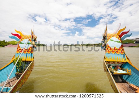 Dragon Boats situated on Perfume River in Hue City in Central Vietnam