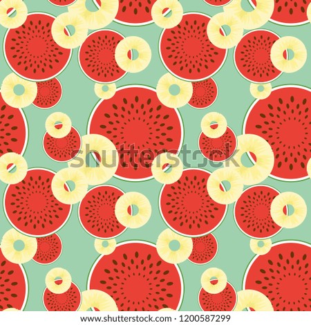 Pattern with pineapple and watermelon. Fresh fruit halves pattern