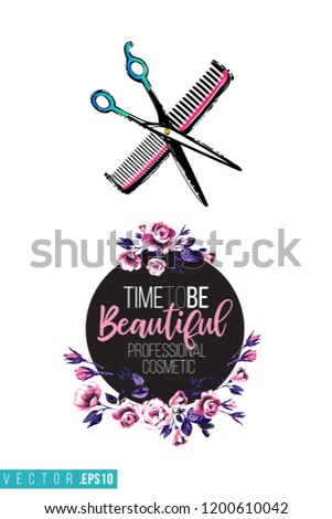 Beauty salon scissors and comb and inscription: time to be beautiful. Promo card with hair dressing tool for beauty store, shop or fashion blog.