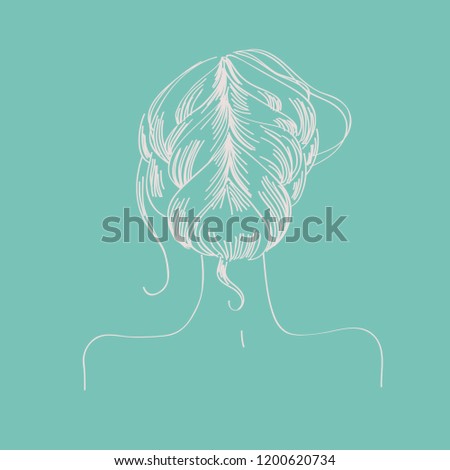 spoils girls from back. hairstyle scheme wreath. girl with evening hairstyle. linear vector illumination