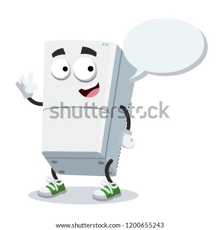 cartoon joyful two compartment refrigerator mascot with a speech bubble on a white background