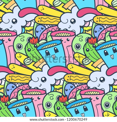 Funny doodle monsters seamless pattern for prints, designs and coloring books. Vector illustration