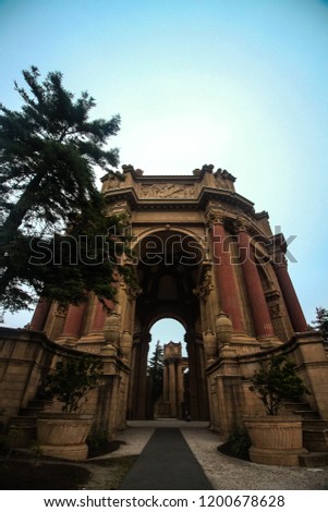Looking up at the Architecture of the Palace of Fine Arts. This location is in San Francisco near the Presidio and Golden Gate Bridge. I was lucky enough to take this photo when no one was around.  