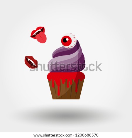 Halloween Spooky Cupcake. Vector illustration on a white background. Can be used for design greeting card, invitation or banner or icons for mobile applications or logos. Flat design style