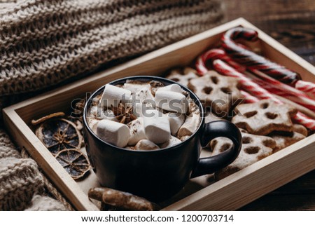 Cozy home atmosphere, Christmas and New Year celebration, winter holidays. Still life with mug of hot chocolate. Relax, comfort, warming concept