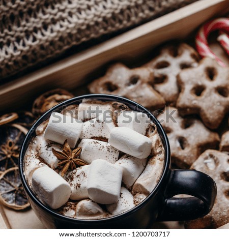 Christmas and New Year cozy holiday composition with hot chocolate, traditional festive sweets and knitted blankett . Winter holidays celebration concept