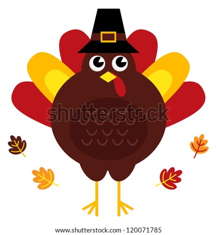 Cute retro thanksgiving turkey with hat isolated on white