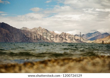 Pangong Lake in Ladakh, North India. The highest lake in Ladakh with altitude 4,350 m. above sea level. Taken by Film Camera