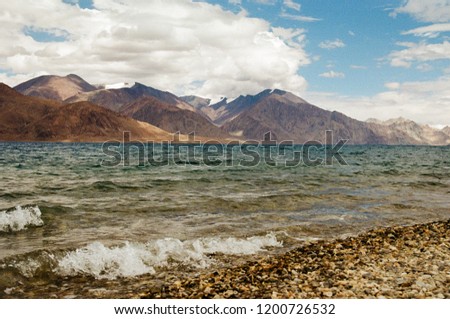 Pangong Lake in Ladakh, North India. The highest lake in Ladakh with altitude 4,350 m. above sea level. Taken by Film Camera
