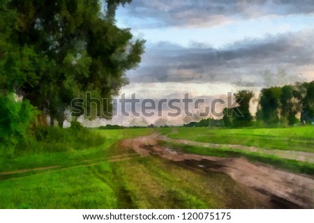 Digital structure of painting. Summer rural landscape
