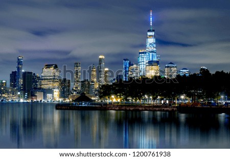 Manhattan Skyline ,waterfront and skyline viewed from the Hudson River Hoboken NJ