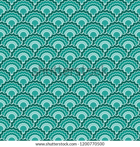 Fairy mermaid scales squama background, vector seamless fabric pattern, tiled textile print. Typical japanese squama scales seamless arc tiles ornament. Wallpaper pattern.