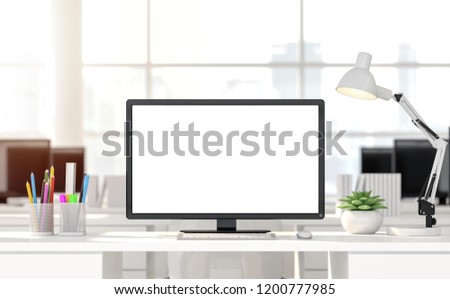 Empty computer screen with blurry background 3d render. There are white wood window  look out to see the nature