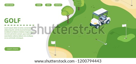 Golf course, country sports club or resort flat vector web banner, landing page with golf cart on green play field, holes with flagsticks and sand traps illustration. Golf tournament web page template Royalty-Free Stock Photo #1200794443