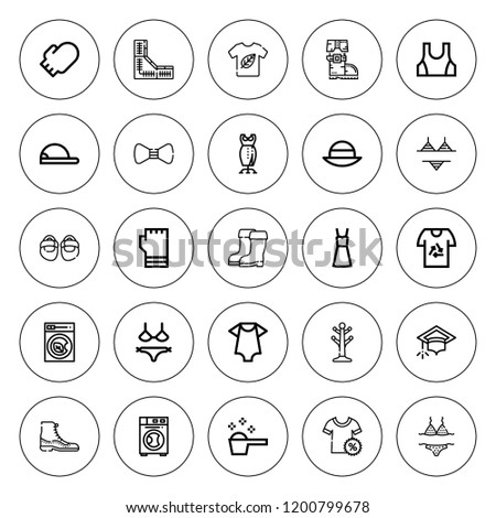 Clothing icon set. collection of 25 outline clothing icons with baby clothes, baseball cap, boot, boots, bow tie, bikini, coat stand, detergent, dress icons. editable icons.