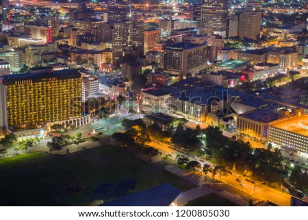 High Up View of Downtown San Antonio Commerce and Market Street Long Exposure Night Time