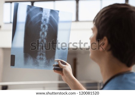 Nurse examining x-ray in hospital corridor, Healthcare workers in the Coronavirus Covid19 pandemic