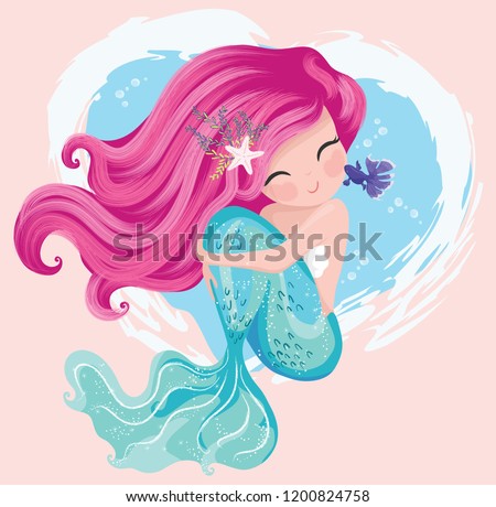 Cute mermaid with little fish vector illustration for kids fashion artworks, children books, greeting cards. Royalty-Free Stock Photo #1200824758