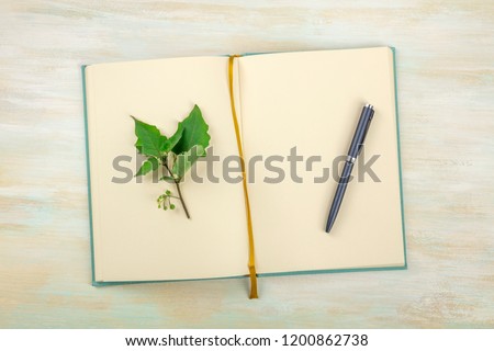 A top shot of an open journal with a branch with green leaves and a pen on a light background with a place for text
