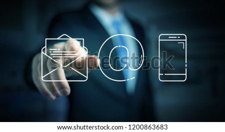 Businessman on blurred background using thin line contact icon